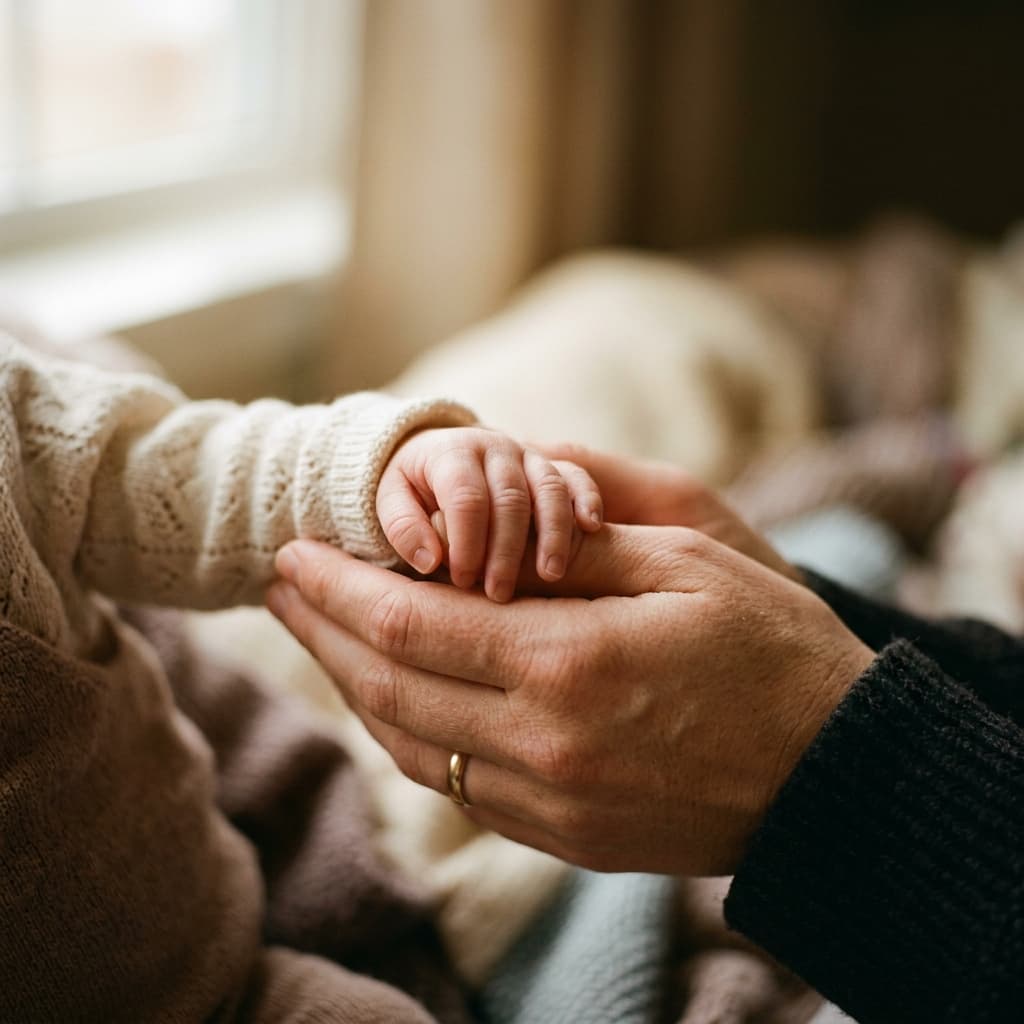 Intimate close-up of mother holding baby's tiny hand