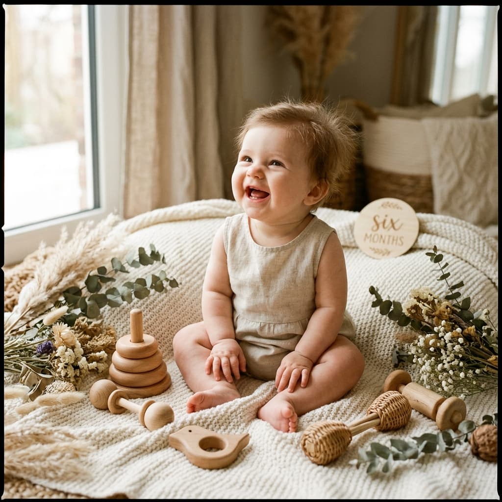 Joyful baby sitting among wooden toys and dried flowers